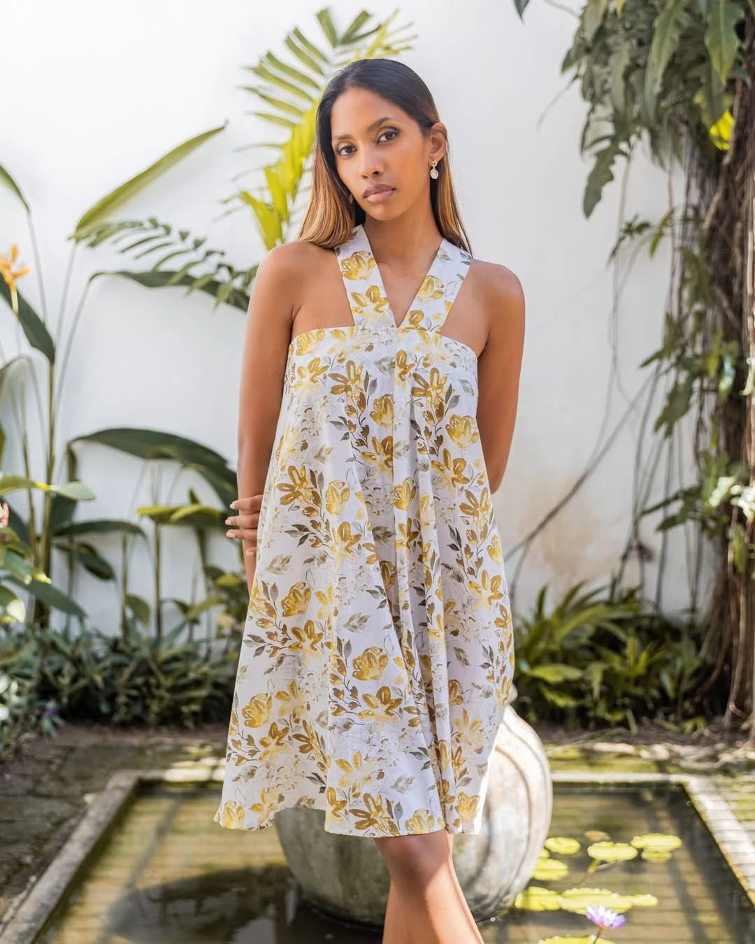 floral summer sleeveless dresses 2026 Soft Yellow Garden Halter Dress