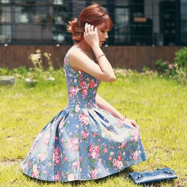 floral summer sleeveless dresses 2026 Vintage Blue Floral Fit And Flare Dress