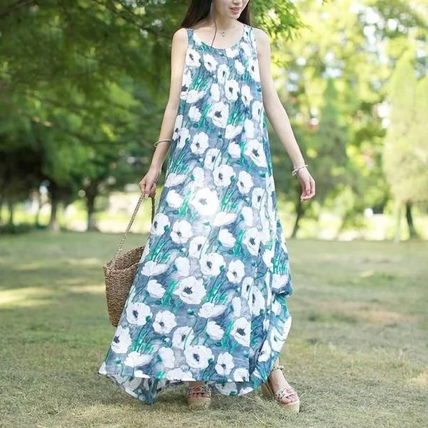 floral summer sleeveless dresses 2026 Blue And White Meadow Maxi Dress