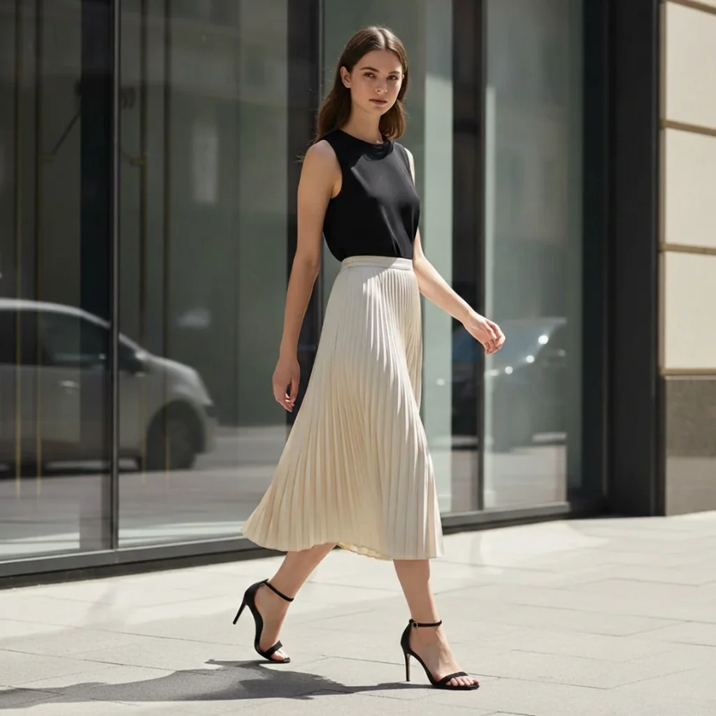 flowy summer skirt outfits 2026 Minimal Black Tops And Pleated Midi Skirts For Elegant Summer Style