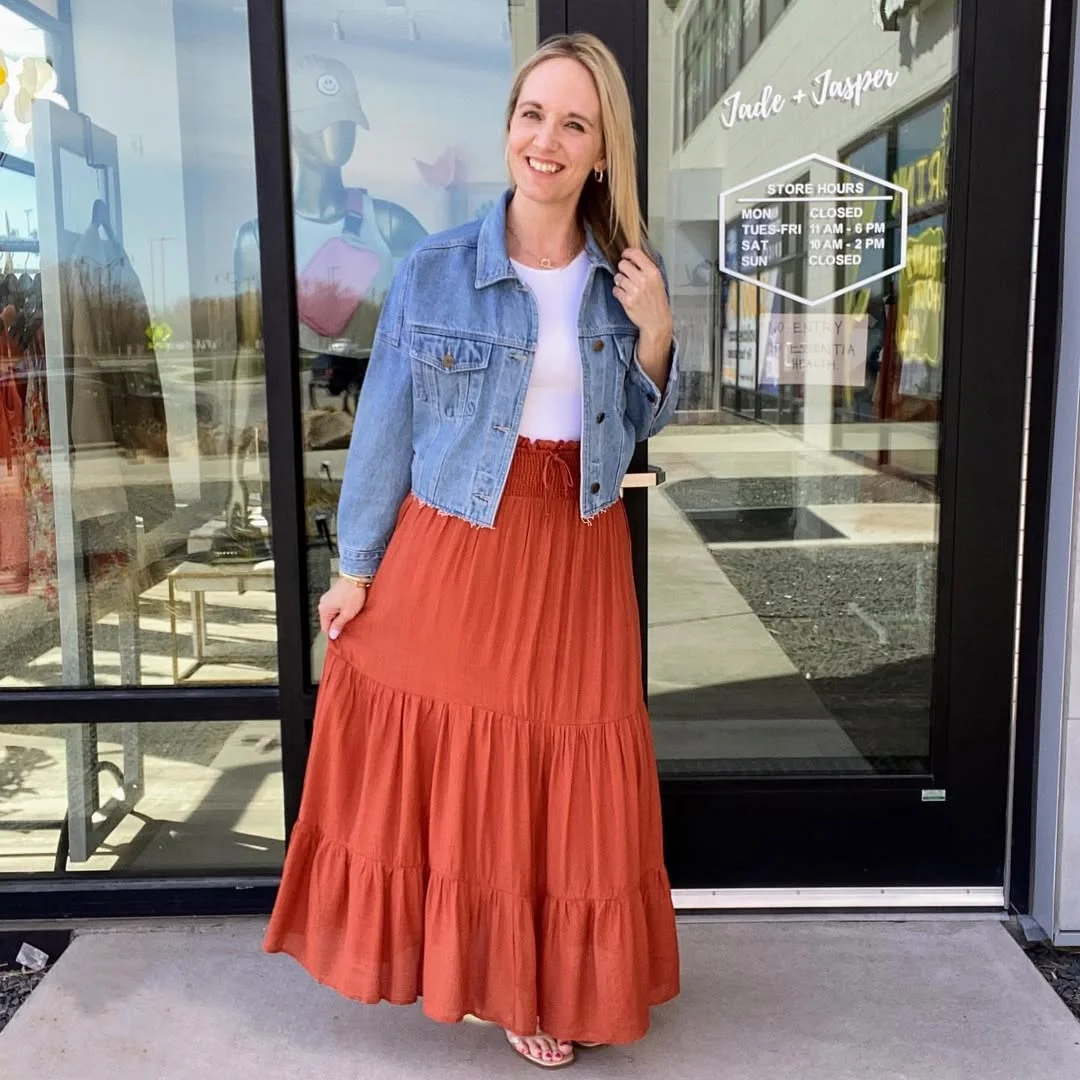 flowy summer skirt outfits 2026 Terracotta Tiered Maxi Skirts With Casual Denim Layers