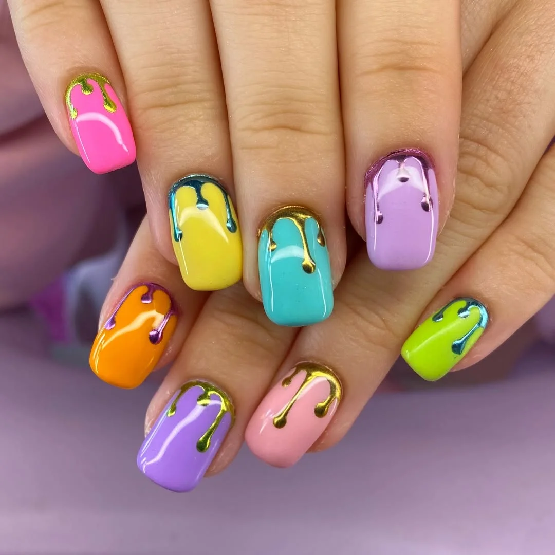 funky summer nails 2026 + Candy Color Drips on Glossy Square Nails