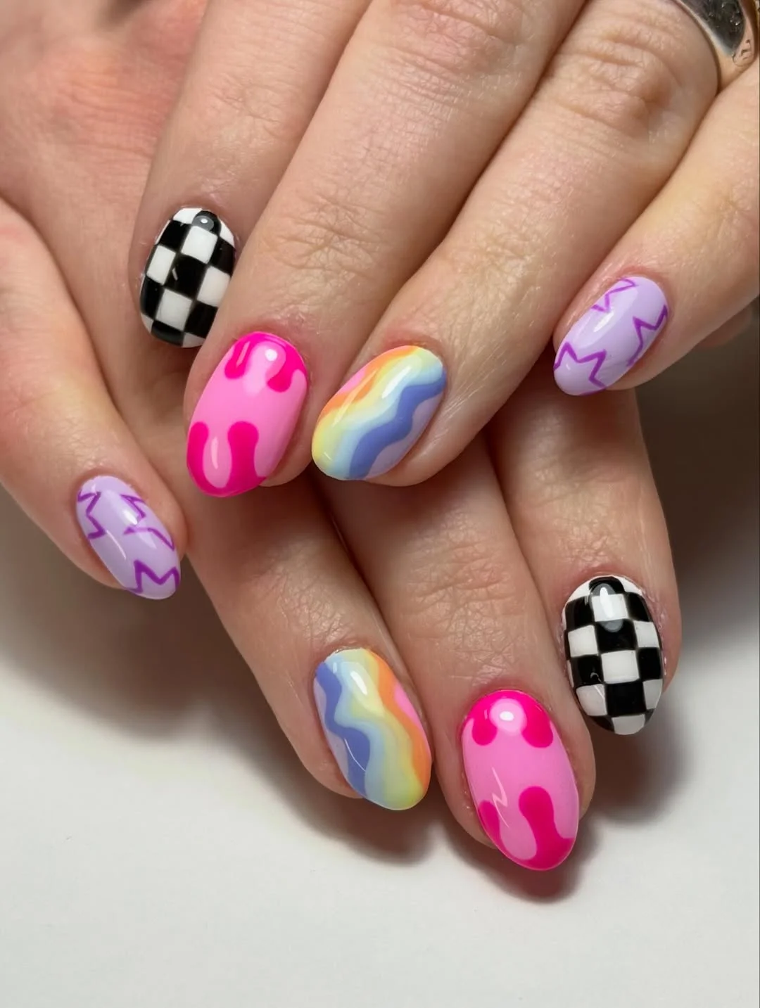 funky summer nails 2026 + Checkerboard Drips and Wavy Rainbow Nails