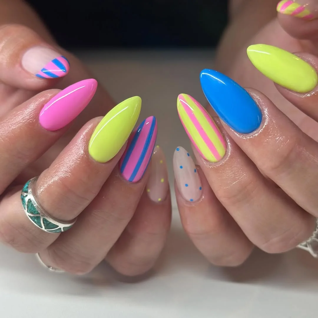 funky summer nails 2026 + Electric Neon Almond Nails with Candy Stripes