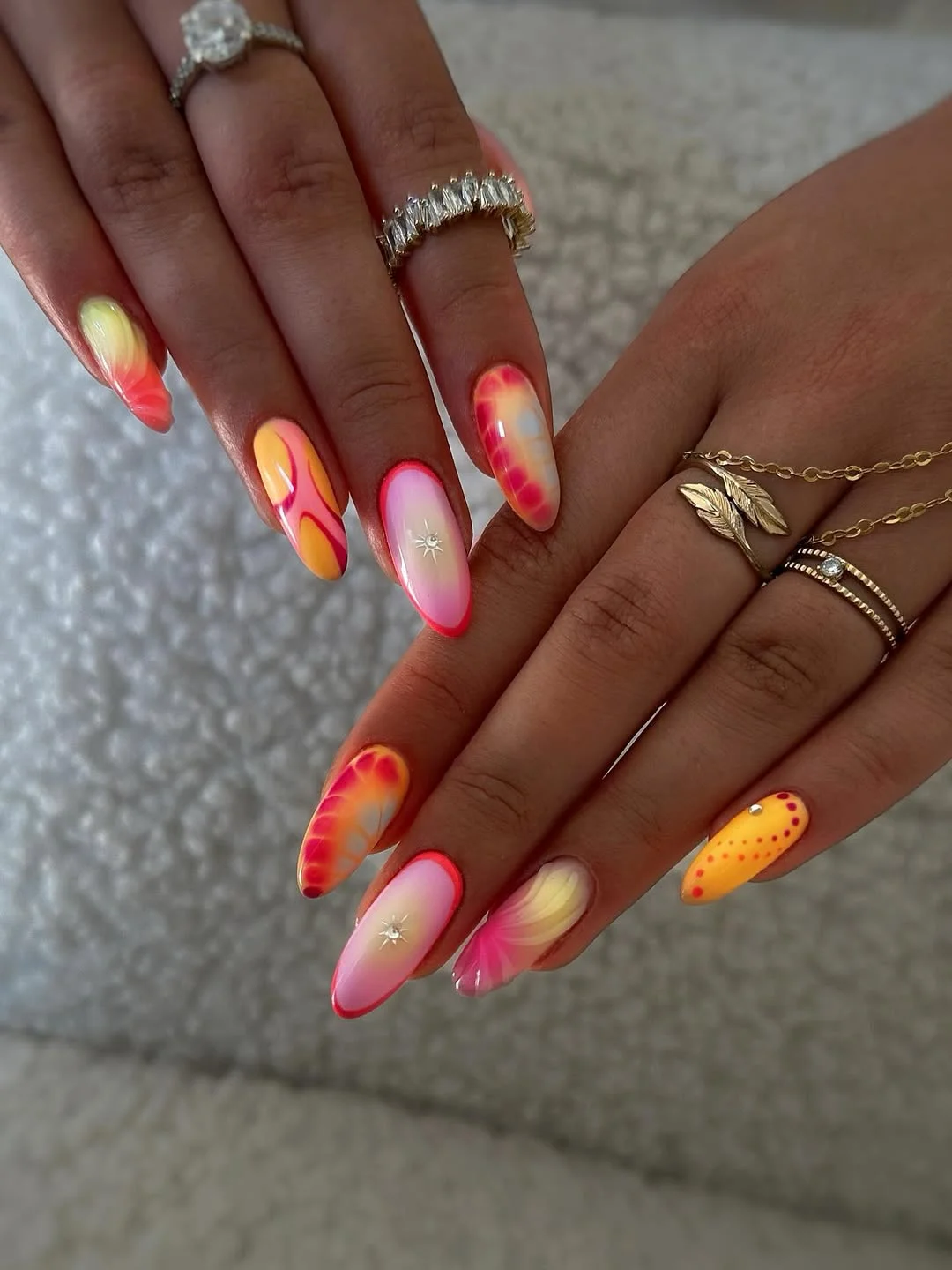 funky summer nails 2026 + Sunset Aura Almond Nails with Tiny Starbursts