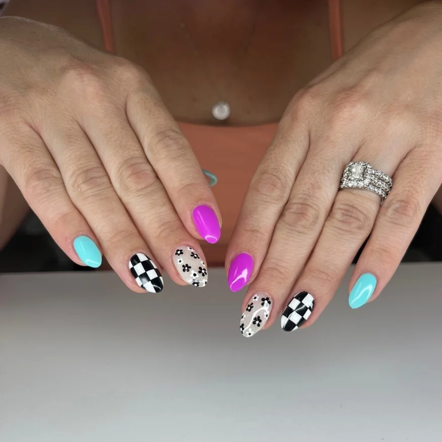 funky summer nails 2026 + Checkerboard and Daisy Nails in Aqua and Fuchsia