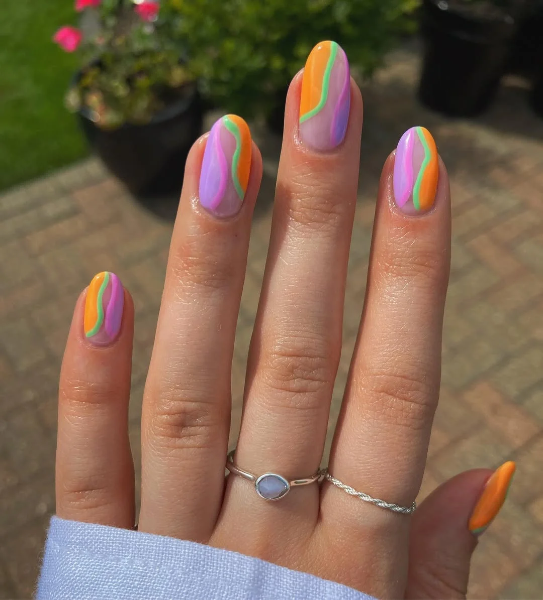 funky summer nails 2026 + Neon Ribbon Waves on Soft Natural Nails