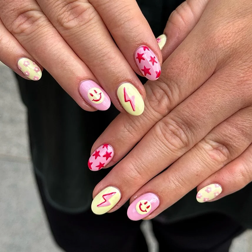 funky summer nails 2026 + Smiley Stars and Lightning in Soft Candy Shades