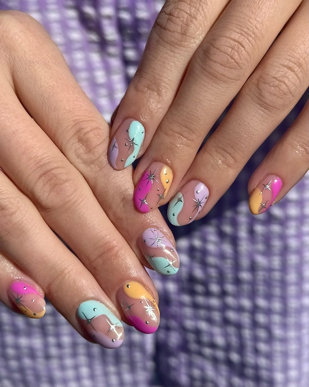 funky summer nails 2026 + Pastel Sparkle Nails with Floating Color Curves