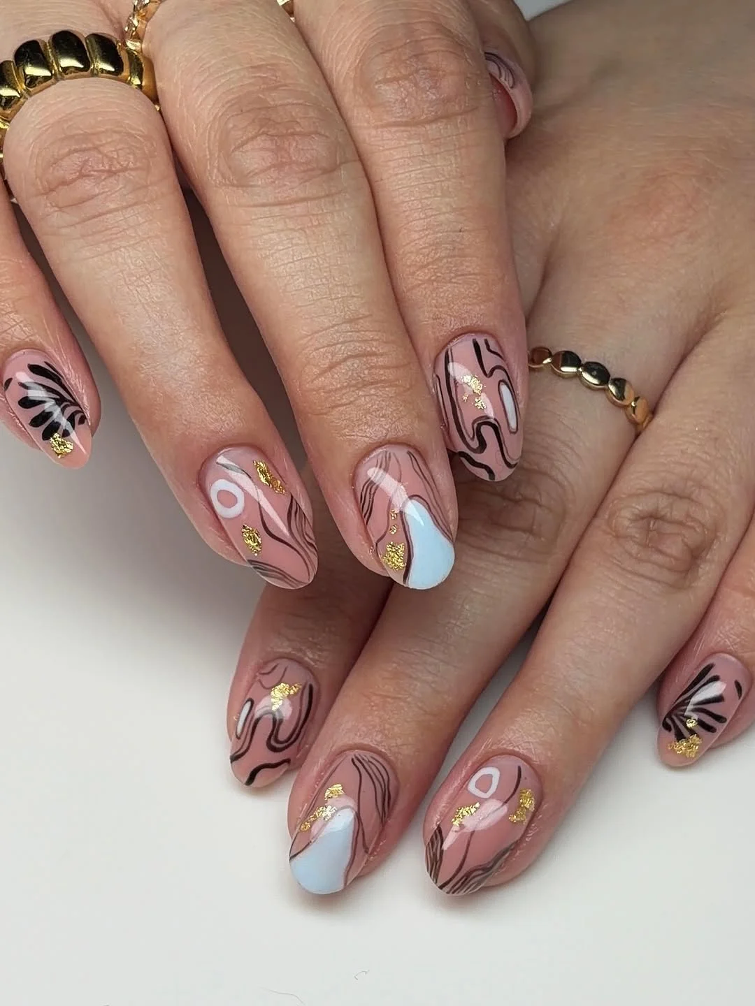 funky summer nails 2026 + Abstract Nude Nails with Fine Gold Foil