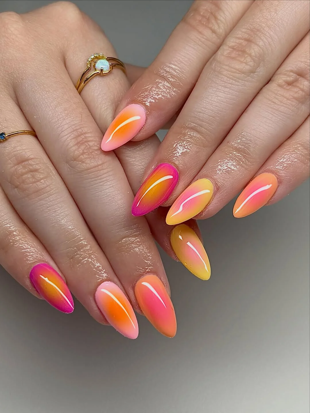 funky summer nails 2026 + Juicy Sunset Aura Almond Nails