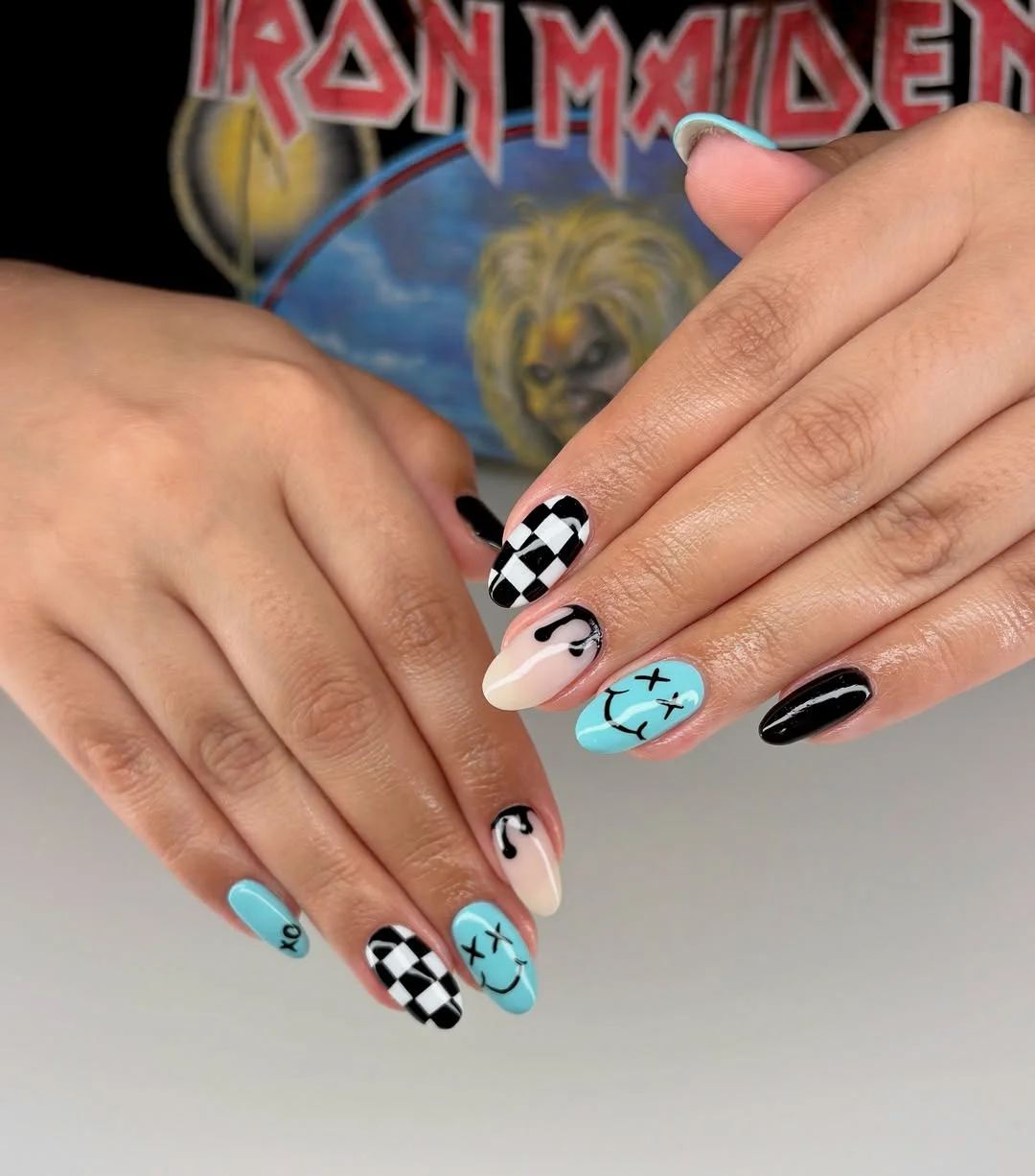 funky summer nails 2026 + Sky Blue Smiley Nails with Punk Checkerboard