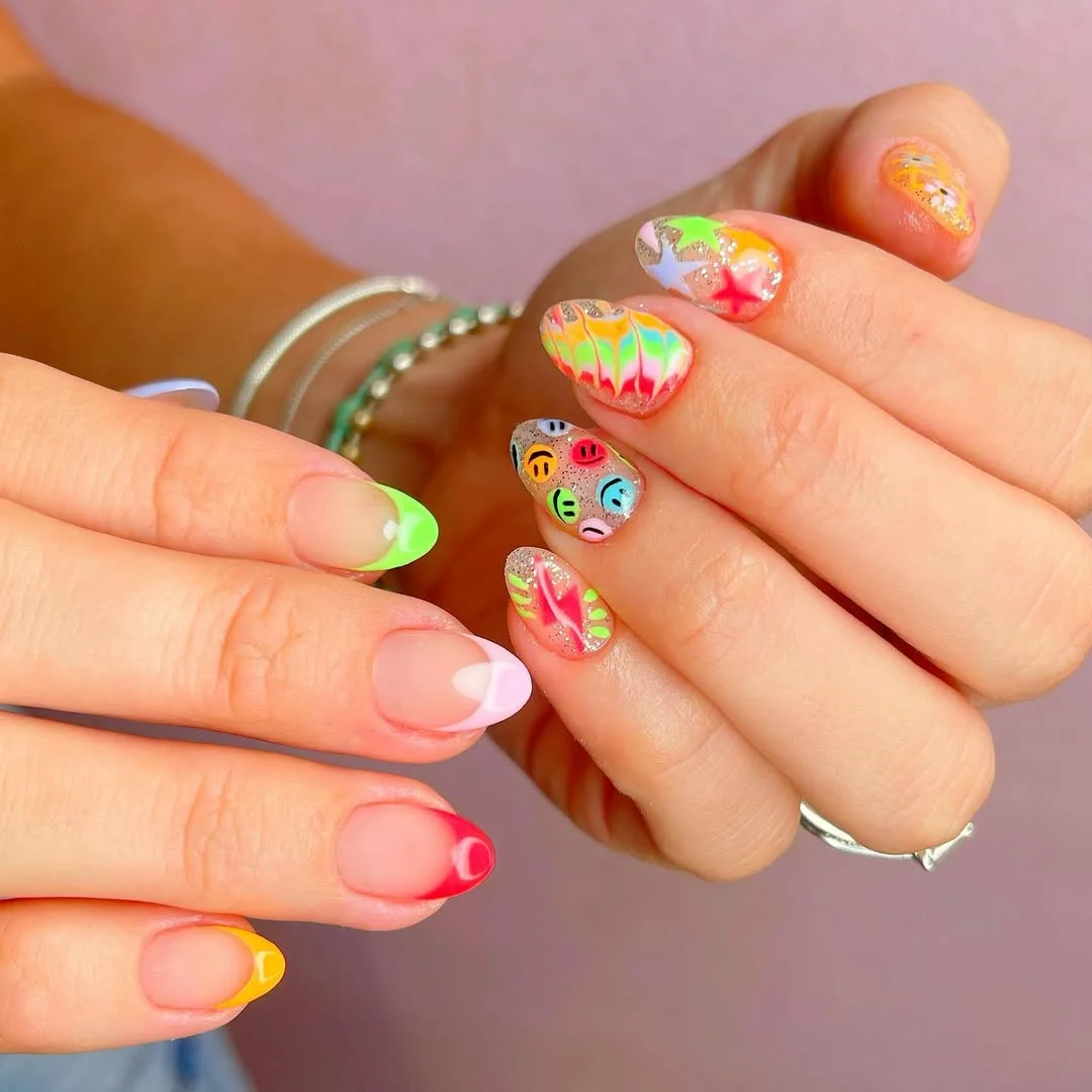 funky summer nails 2026 + Neon French Tips with Festival Doodle Art