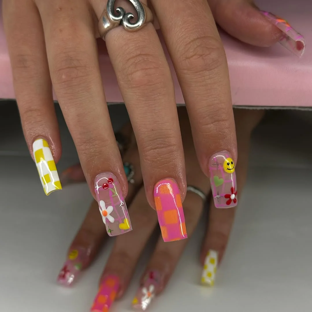 funky summer nails 2026 + Retro Flower Power on Extra Long Square Tips