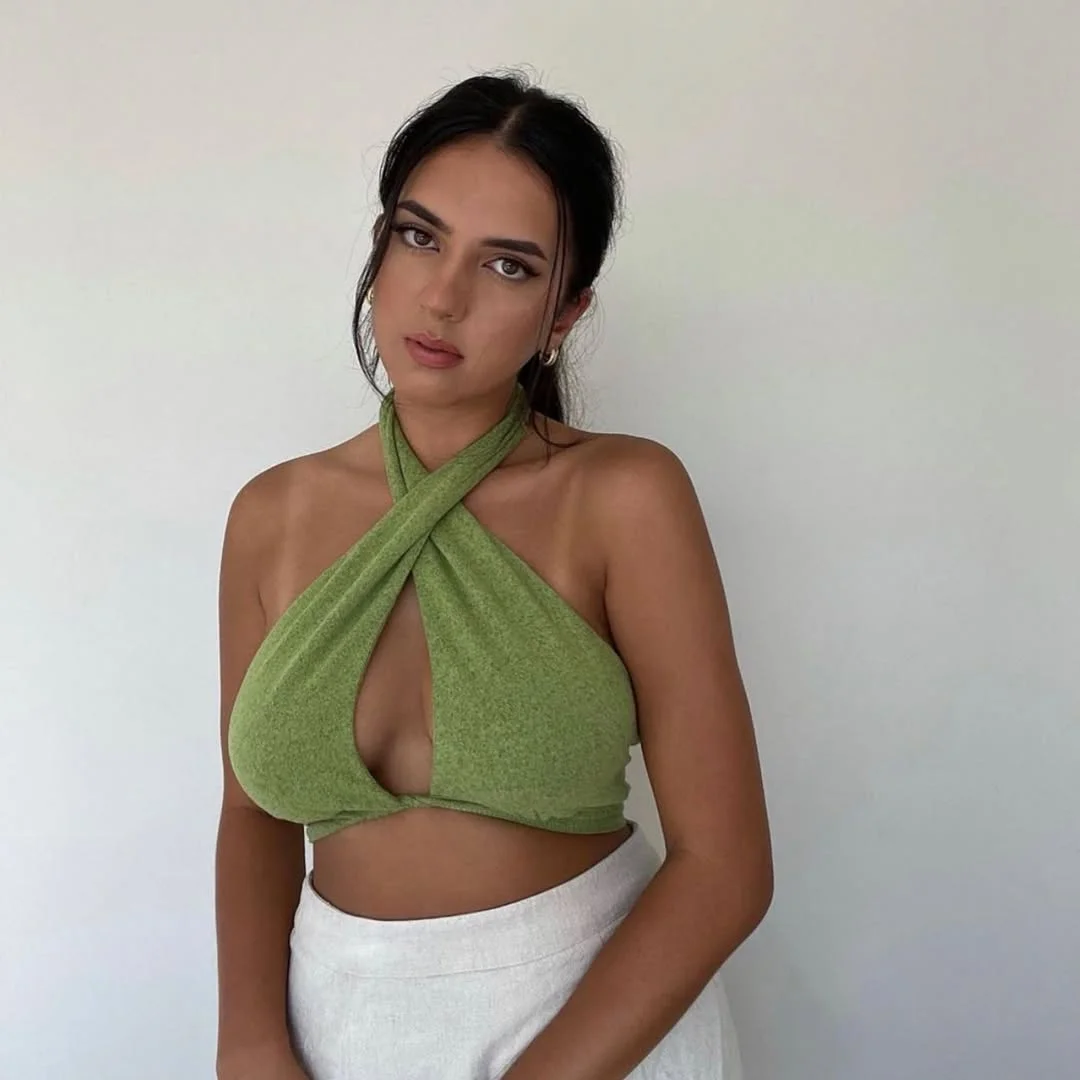 halter summer crop top outfits 2026 Soft Green Cross-Neck Halter Tops With Clean Minimal Styling
