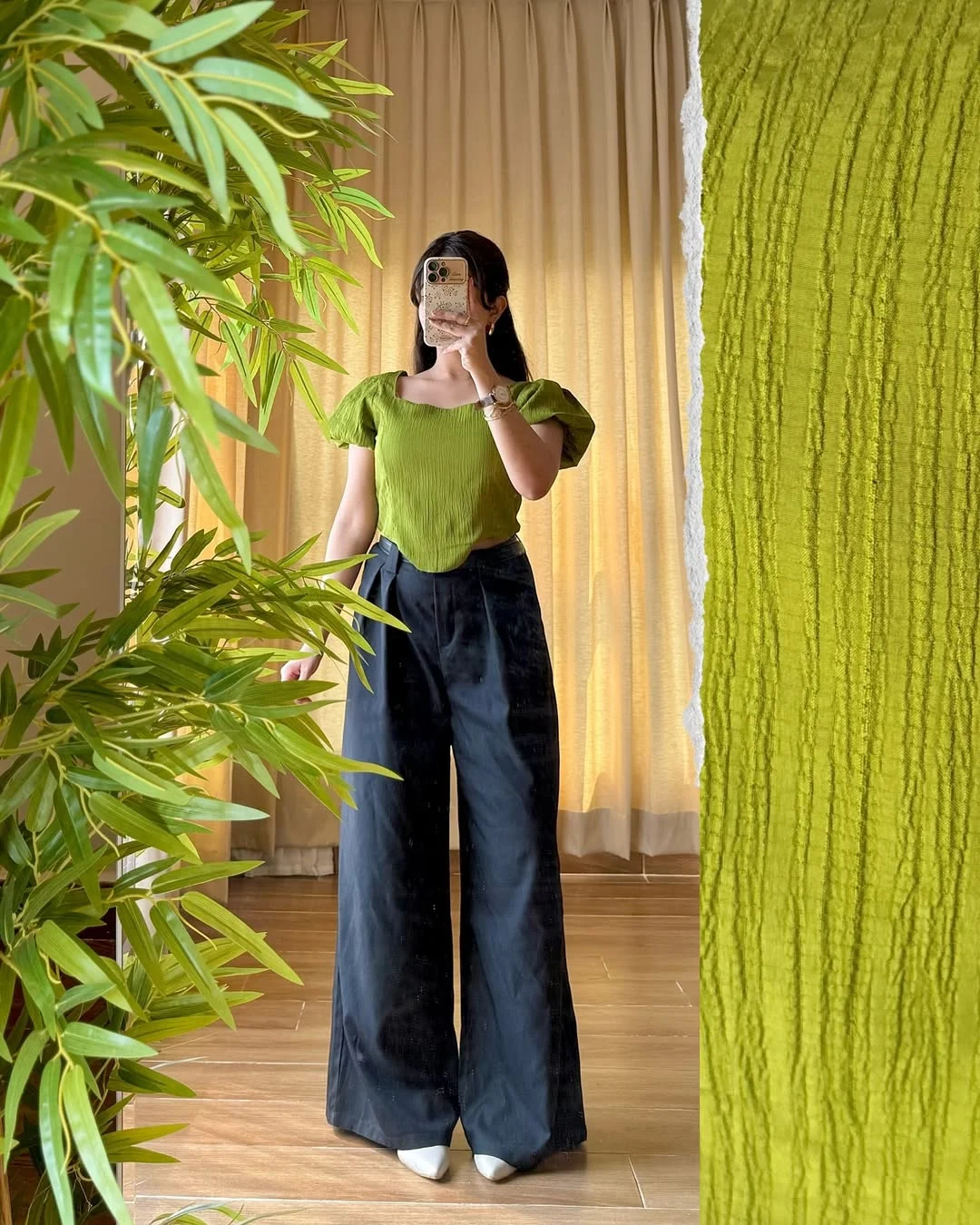 halter summer crop top outfits 2026 Relaxed Green Halter Styling With Wide-Leg Minimalism