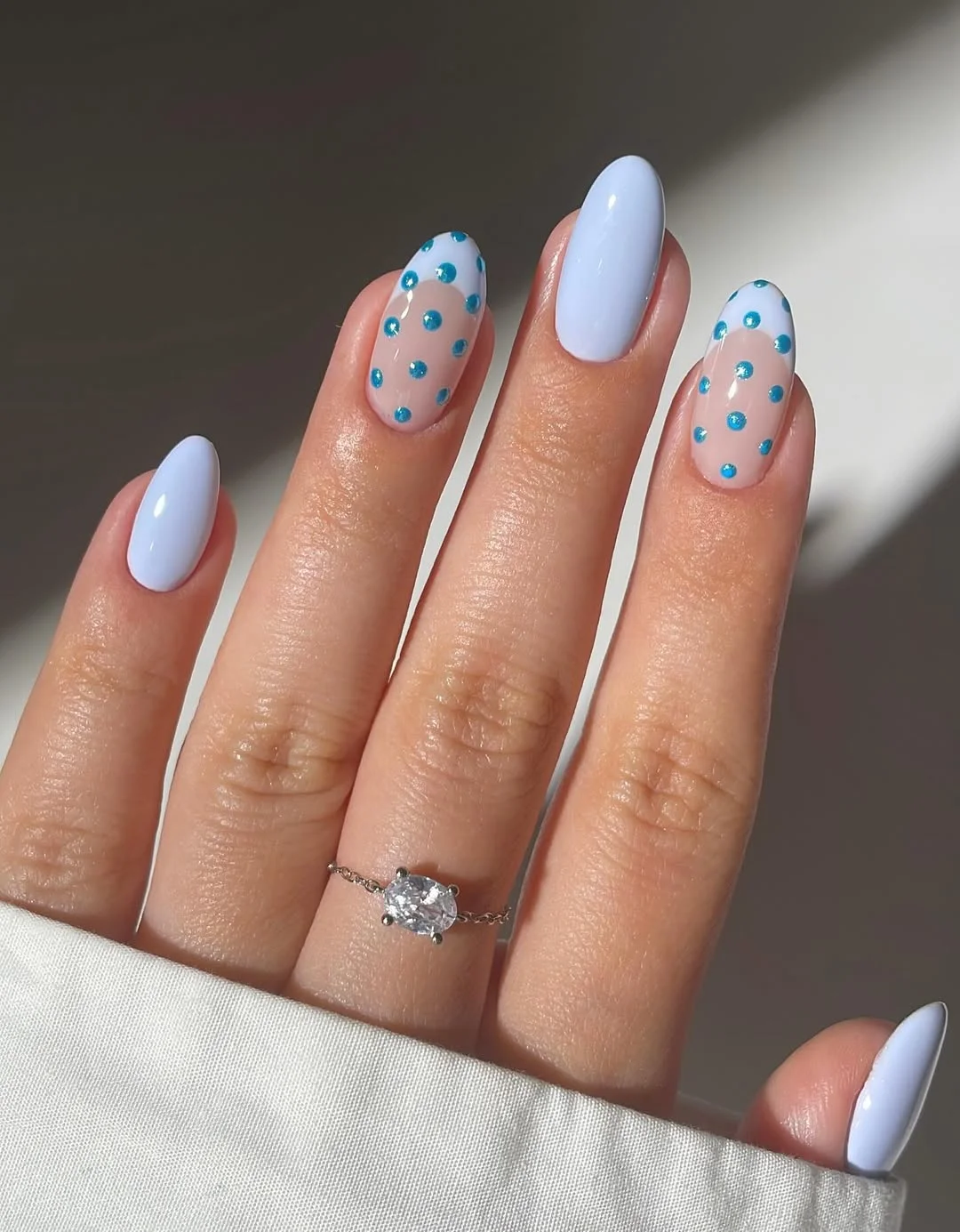 June Nail Colors ideas - Summer Trends 2026 Powder Blue Polka Dot Nails With Soft Vintage Charm