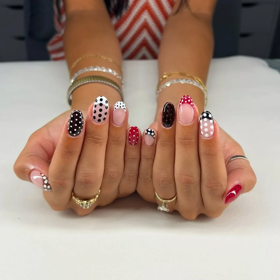 June Nail Colors ideas - Summer Trends 2026 Retro Polka Dot Nails With Fashion-Girl Contrast