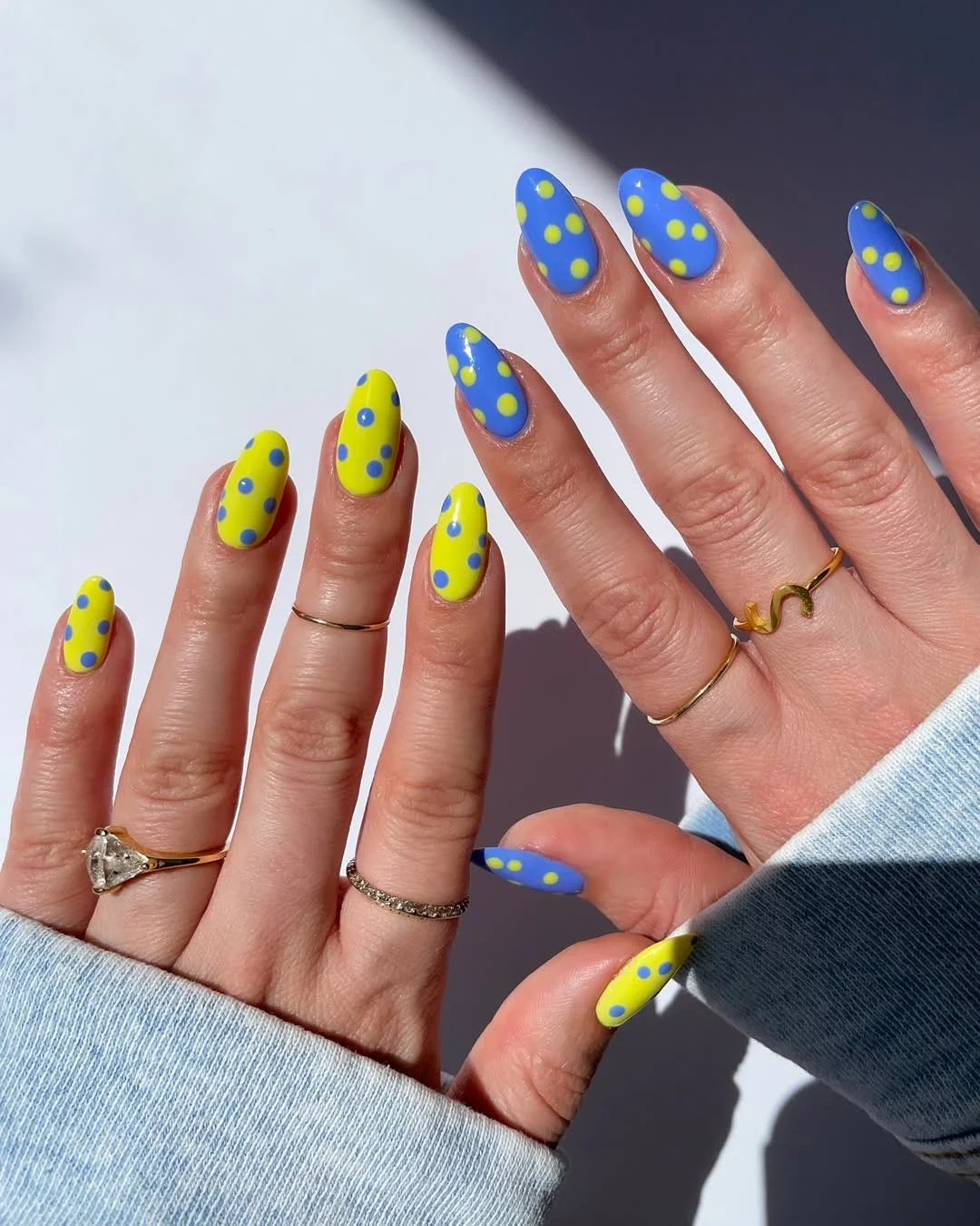 June Nail Colors ideas - Summer Trends 2026 Blue and Yellow Polka Dot Nails That Feel Like Sunshine