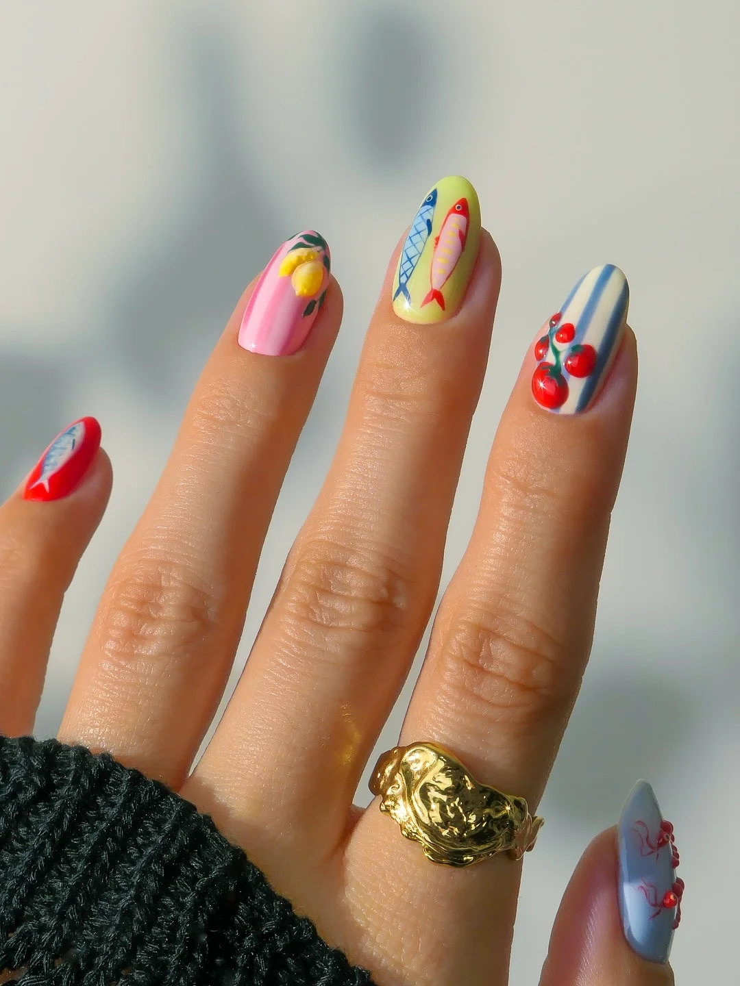 June Nail Colors ideas - Summer Trends 2026 Colorful Sardine and Tomato Art Nails for a Coastal Summer Mood