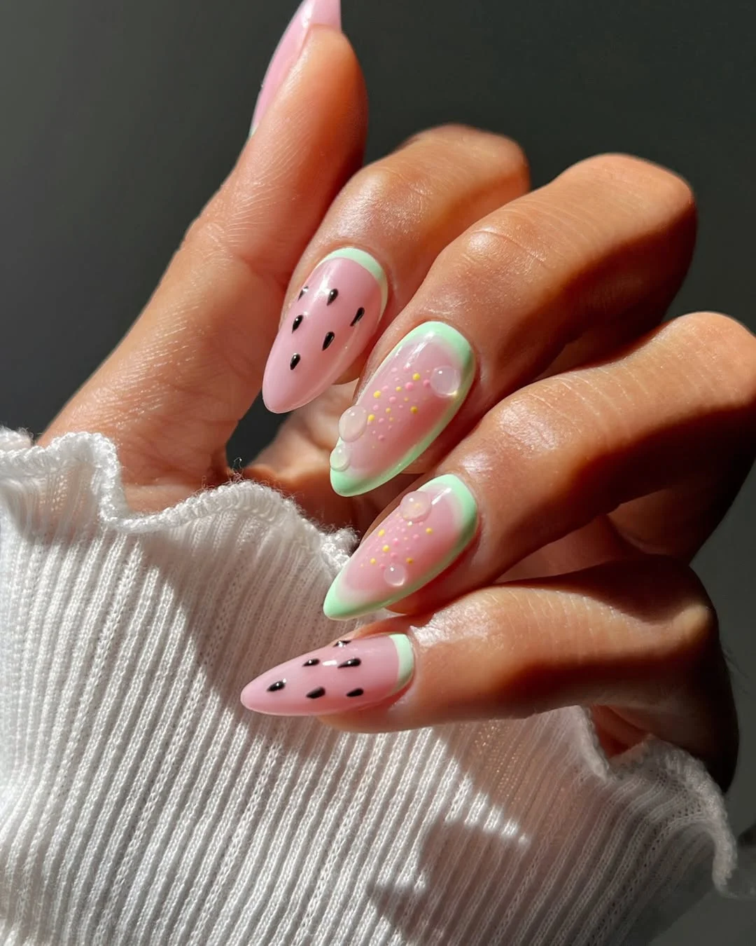 June Nail Colors ideas - Summer Trends 2026 Watermelon Milk Nails With Playful Glossy Details