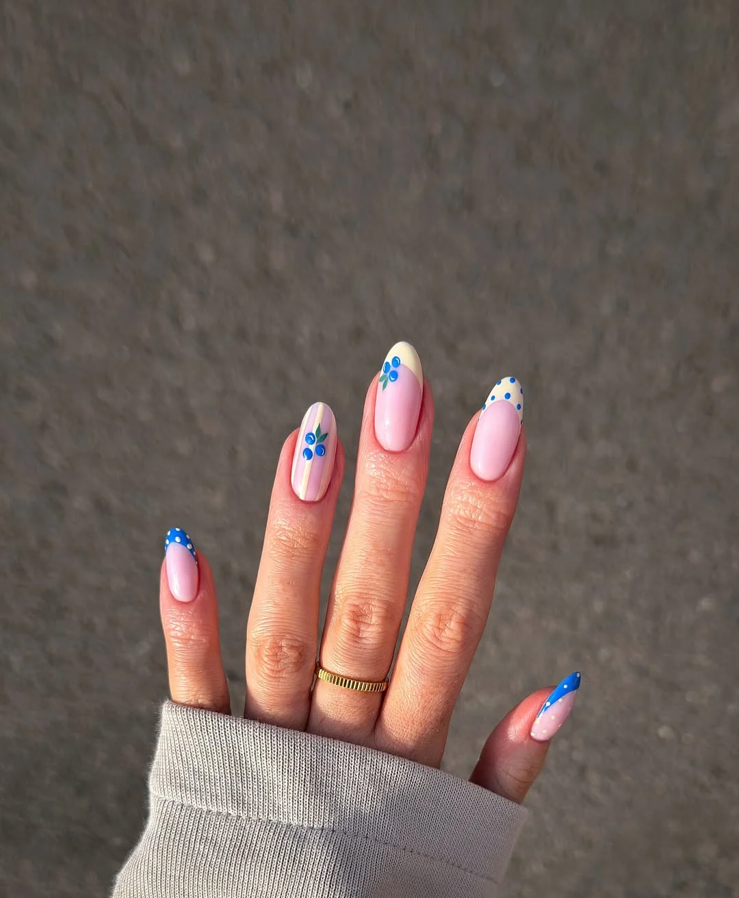 summer nails ideas june Blueberry Milk French Tips With Tiny Floral Accents