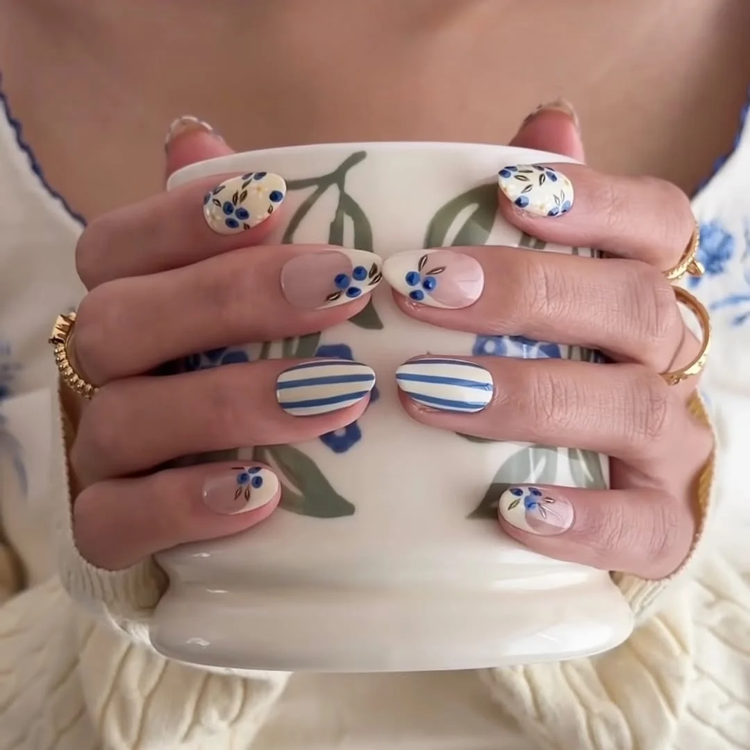 summer nails ideas june Blue Floral Porcelain Nails Inspired by Vintage Ceramics