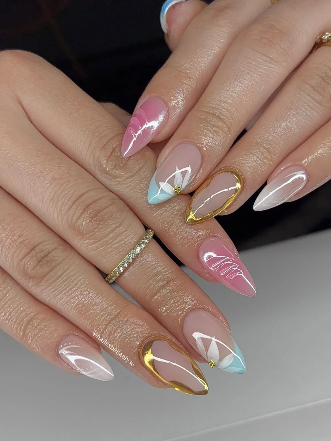 summer nails ideas june Soft Pink and Gold Sculpted Almond Nails With Luxe Details