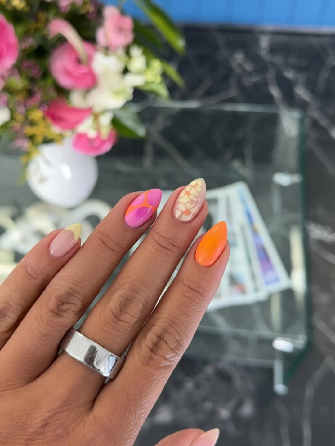 summer nails ideas june Bright Tropical Swirl Nails for Late June Vacation Energy