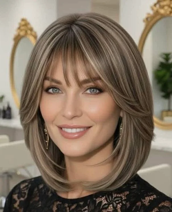 layered summer bob haircut 2026 Soft Beige Layers With Wispy Bangs And Salon Polish