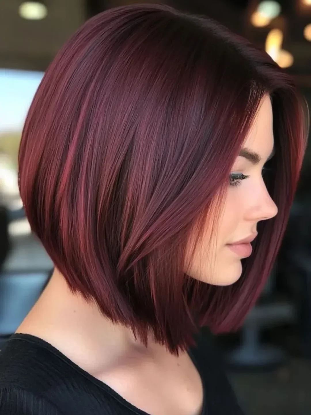 layered summer bob haircut 2026 Burgundy Angled Bob With A Smooth Modern Edge