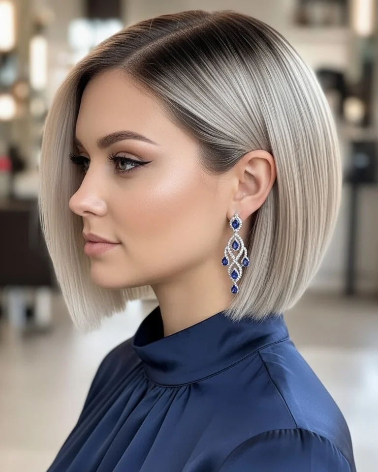 layered summer bob haircut 2026 Sleek Platinum Angled Bob With A Polished Side Part
