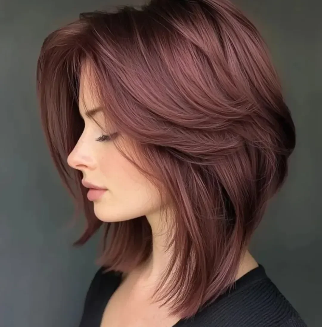 layered summer bob haircut 2026 Auburn Angled Layers With A Soft Stacked Finish