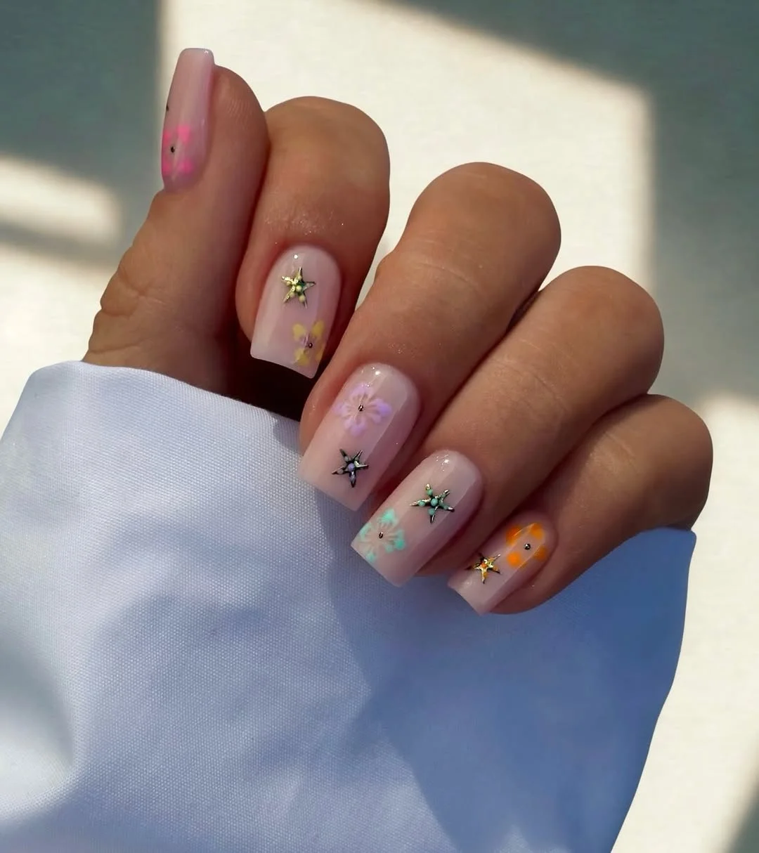 light summer nails 2026 + Pastel Flower Charms on Milky Square Nails