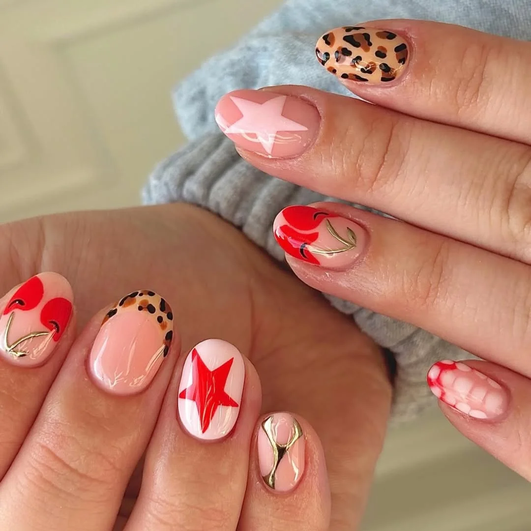 light summer nails 2026 + Cherry Red Stars and Leopard Accent Nails