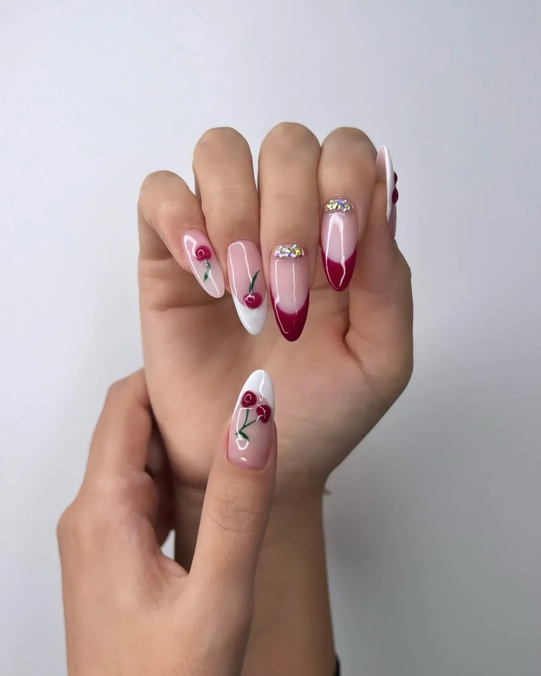 light summer nails 2026 + Cherry French Almond Nails with Crystal Detail