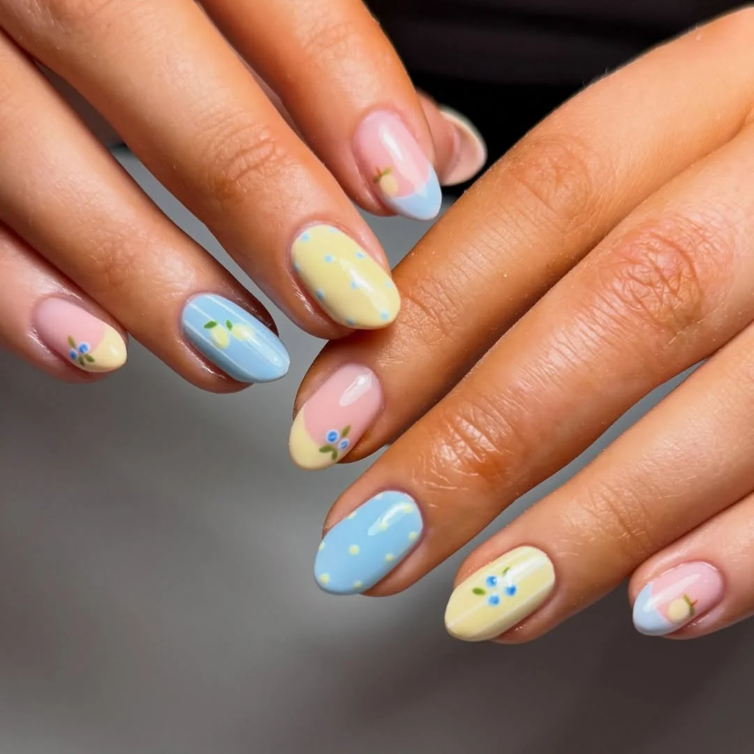 light summer nails 2026 + Lemon Blueberry Pastels on Short Oval Nails