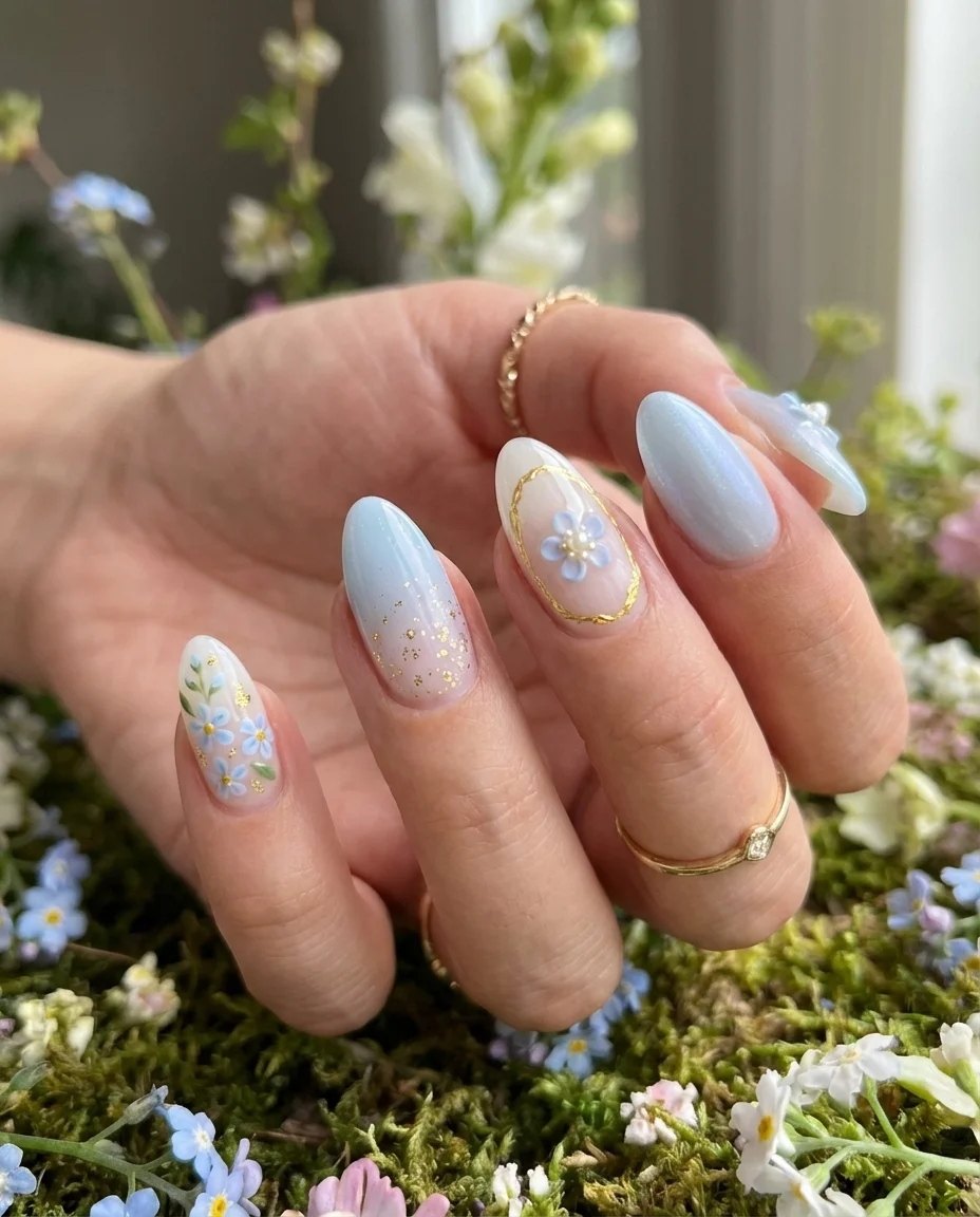 light summer nails 2026 + Powder Blue Floral Nails with Golden Sparkle
