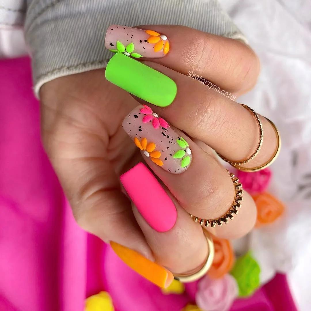 light summer nails 2026 + Neon Garden Flowers with Matte Summer Color