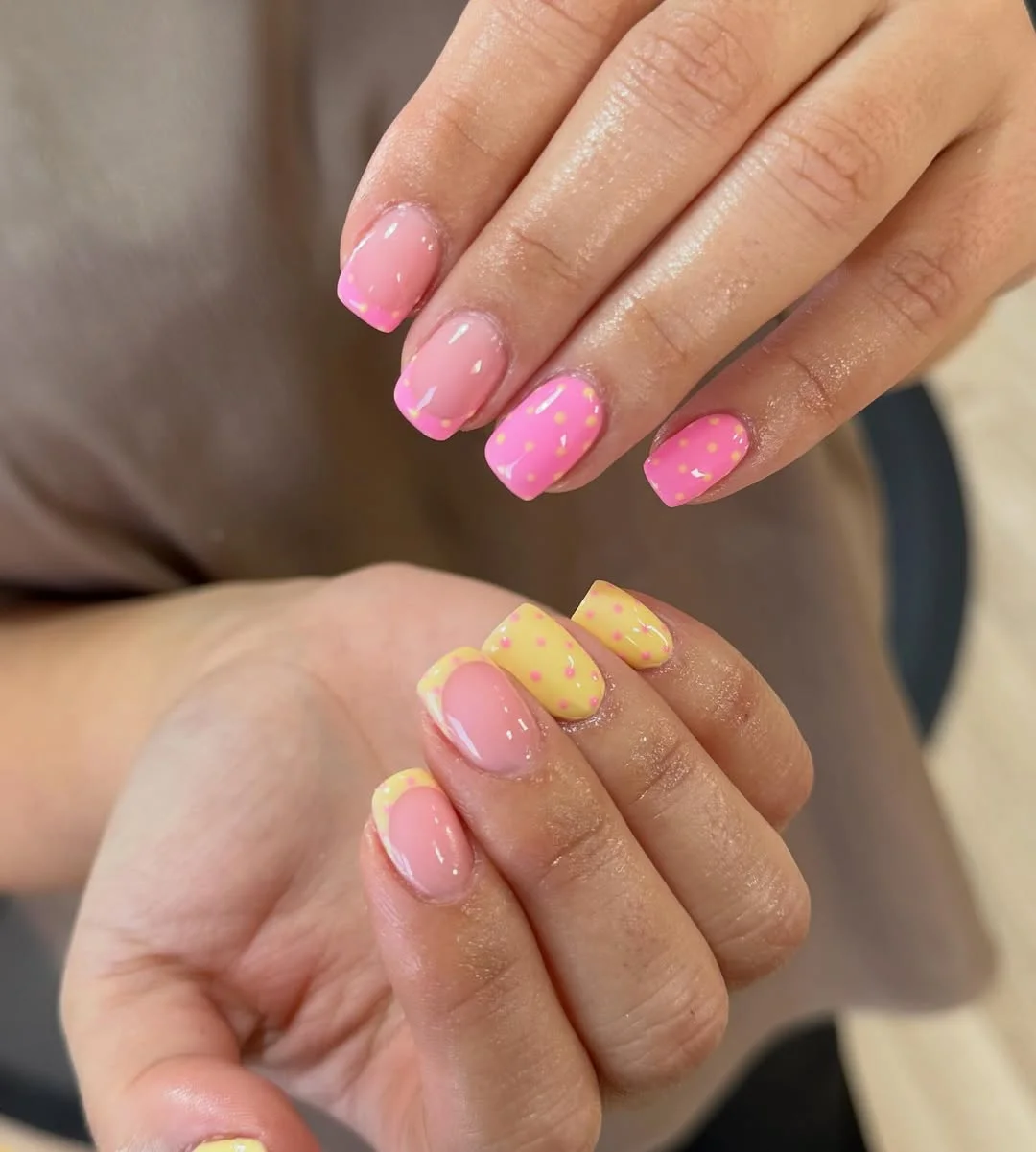 light summer nails 2026 + Pink Lemonade Polka Dot Nails with Glossy Tips