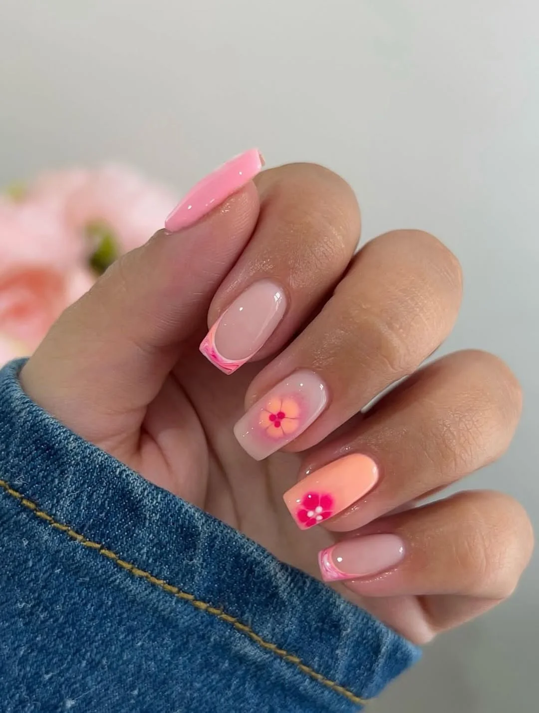 light summer nails 2026 + Pink French Frames with Soft Blooming Flowers