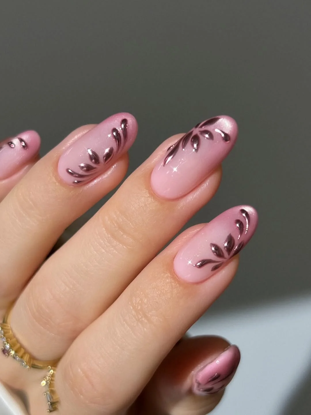 light summer nails 2026 + Rose Chrome Vines on Soft Pink Almond Nails