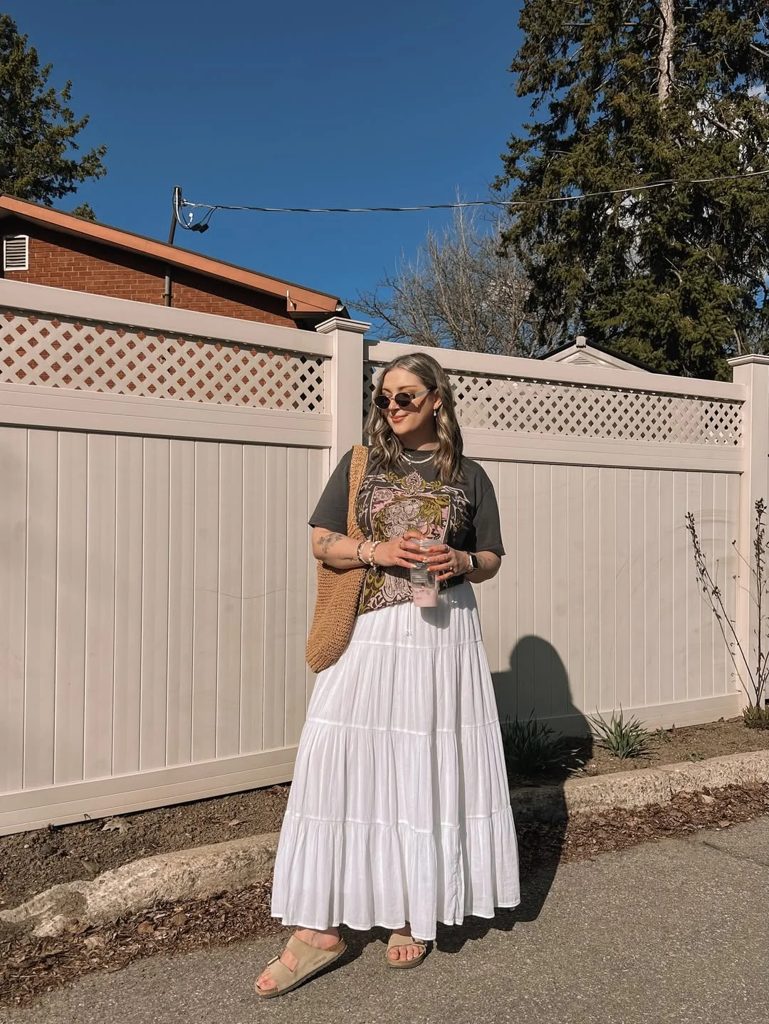 maxi skirt outfits summer 2026 Graphic Tee With A Long White Tiered Maxi Skirt