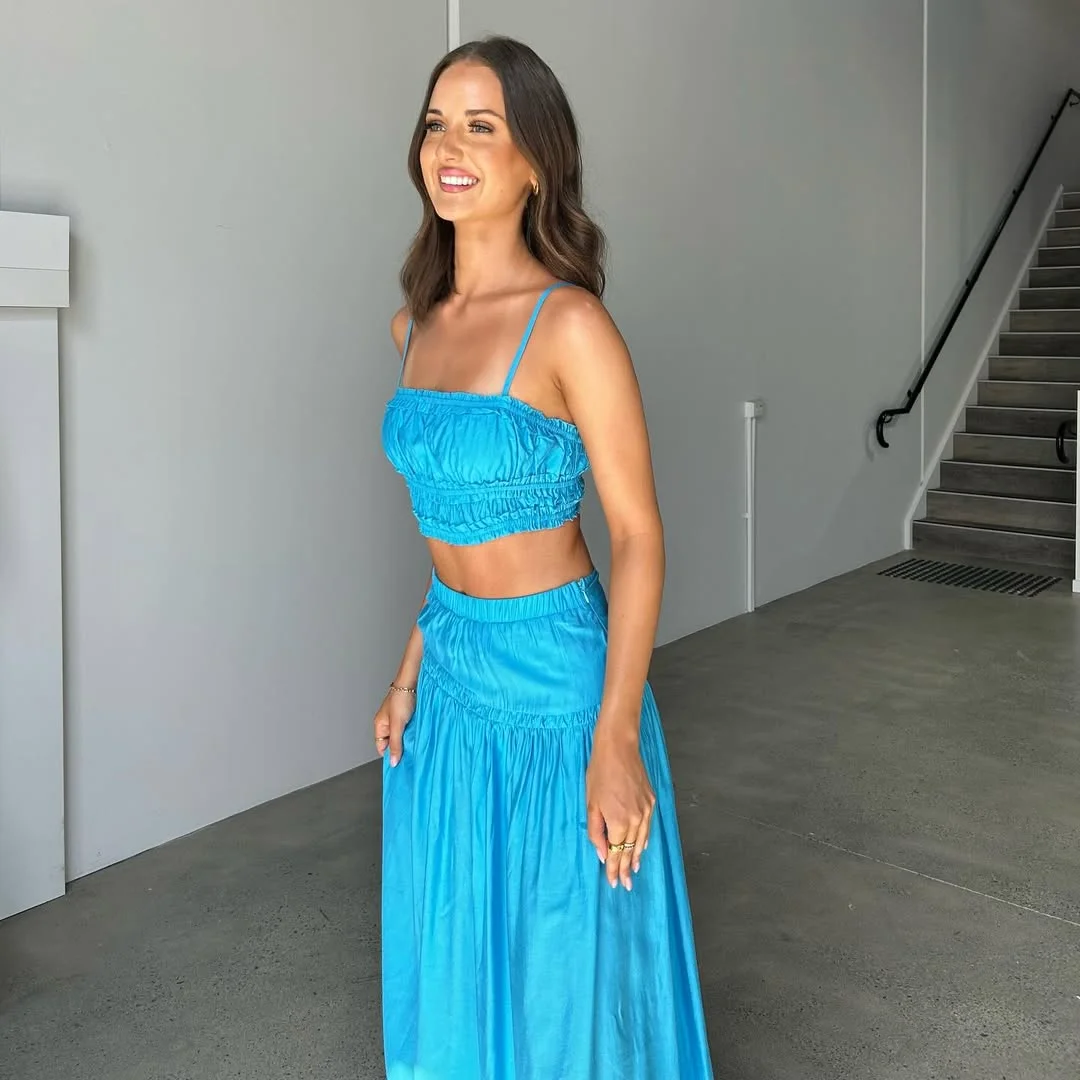maxi skirt outfits summer 2026 Bright Blue Two-Piece Maxi Skirt Set