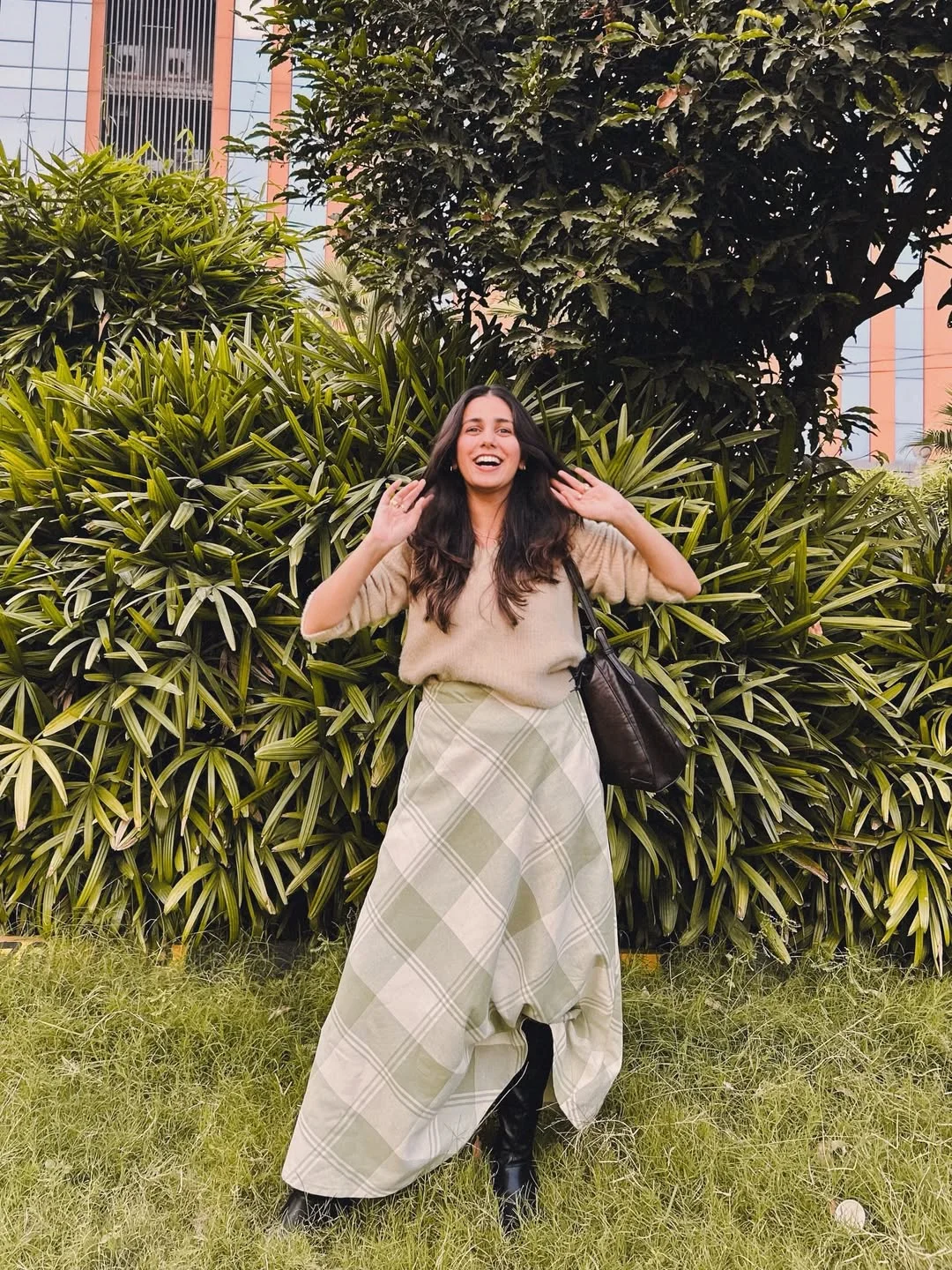 maxi skirt outfits summer 2026 Soft Green Plaid Maxi Skirt With A Cozy Beige Top