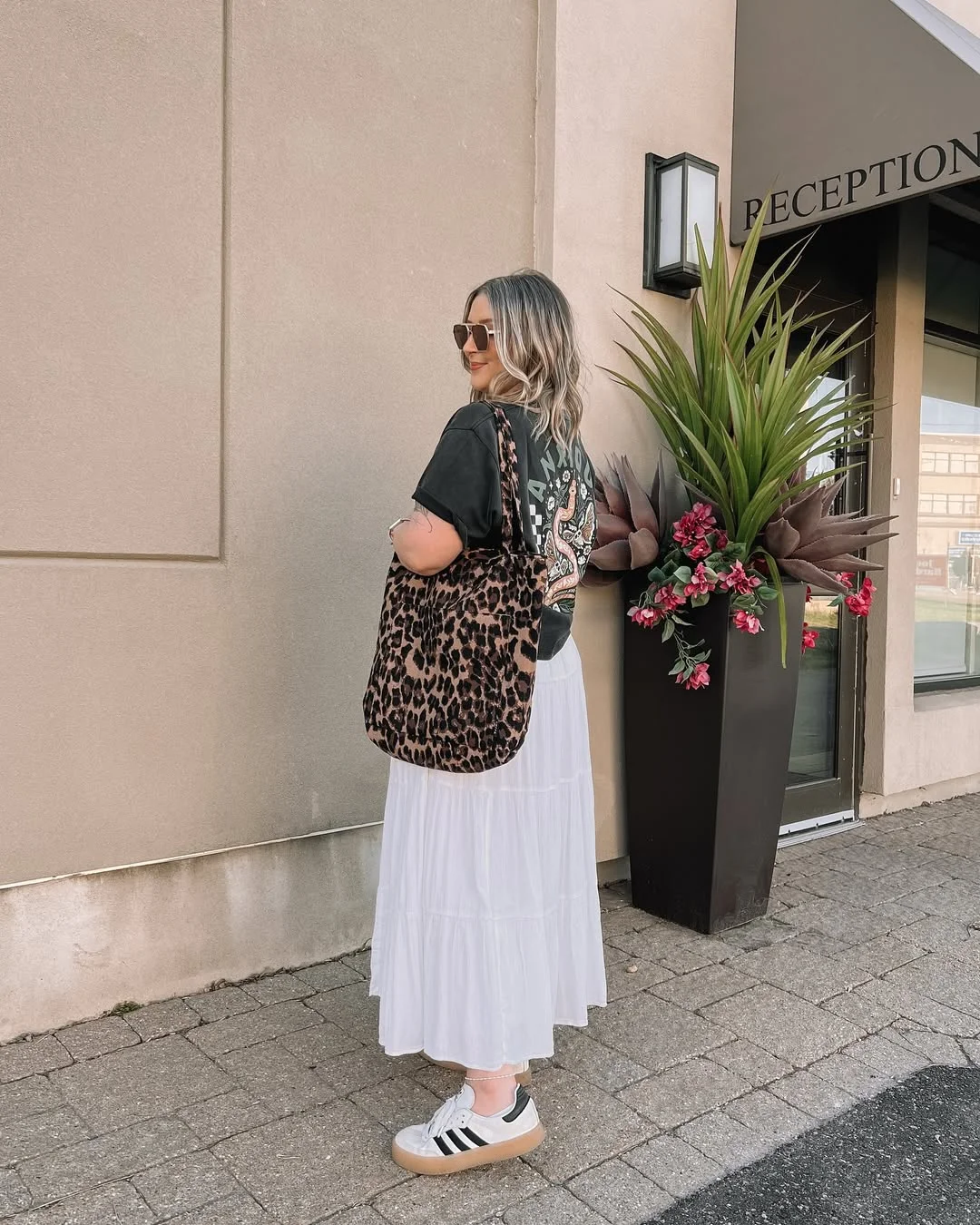 maxi skirt outfits summer 2026 Graphic Tee And White Tiered Maxi Skirt With Sneakers