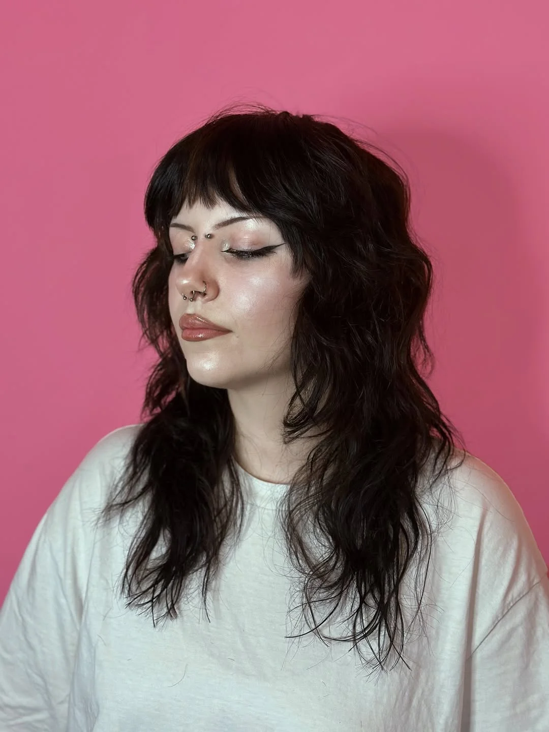 messy summer shag haircut 2026 Midnight Waves With Soft Blunt Bangs