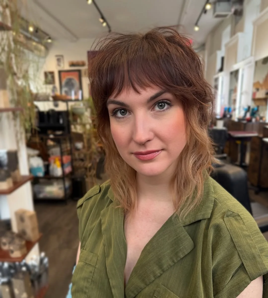 modern summer haircut 2026 Warm Shaggy Lob With Soft Bangs