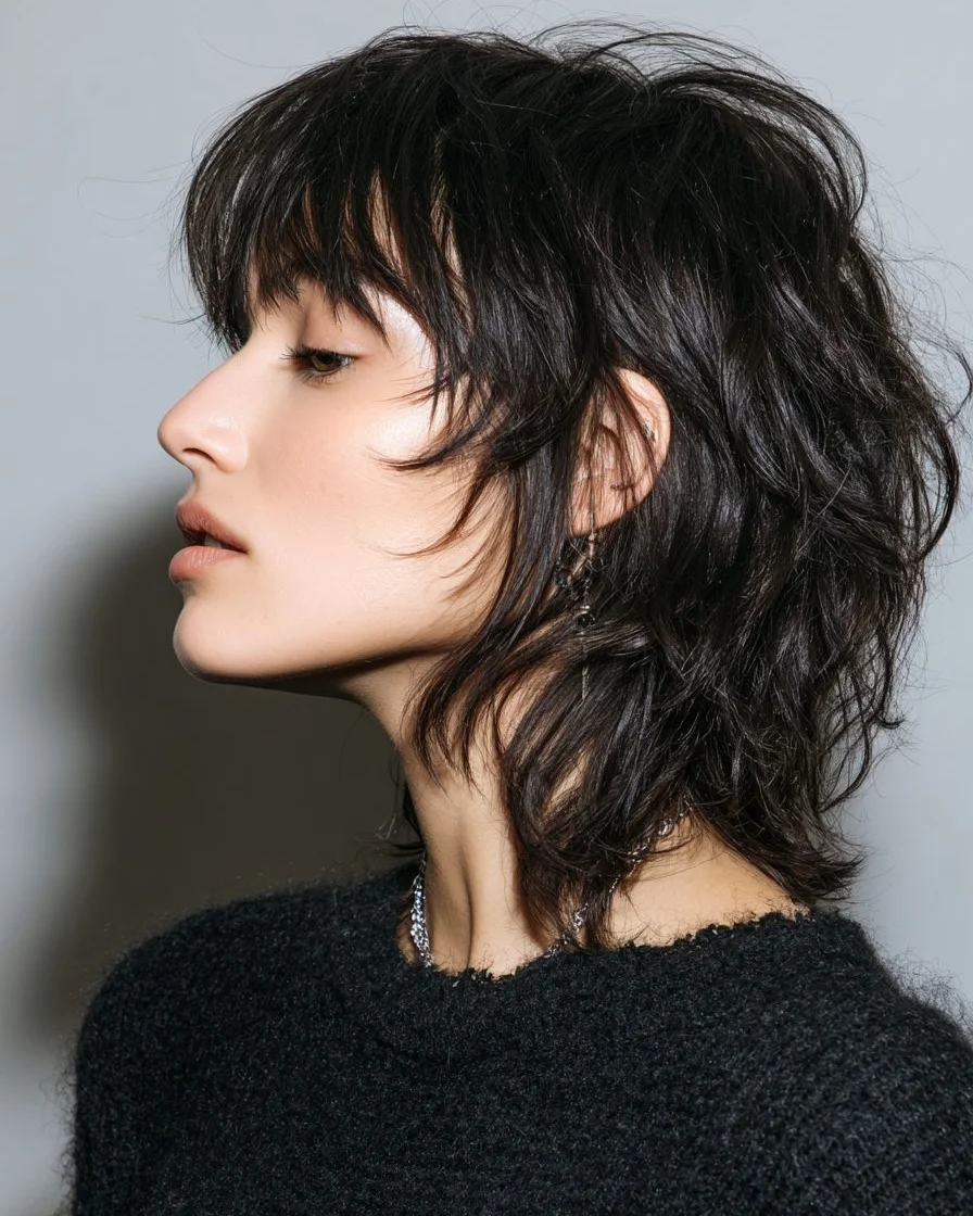 modern summer haircut 2026 Soft Brunette Shag With Wispy Fringe