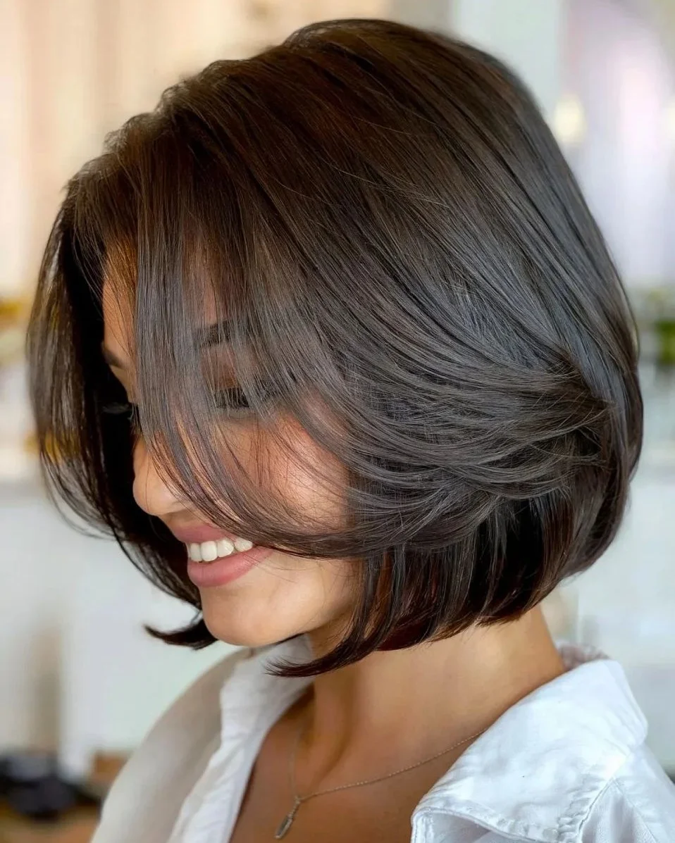 modern summer haircut 2026 Rounded Brunette Bob With Sweeping Face Layers